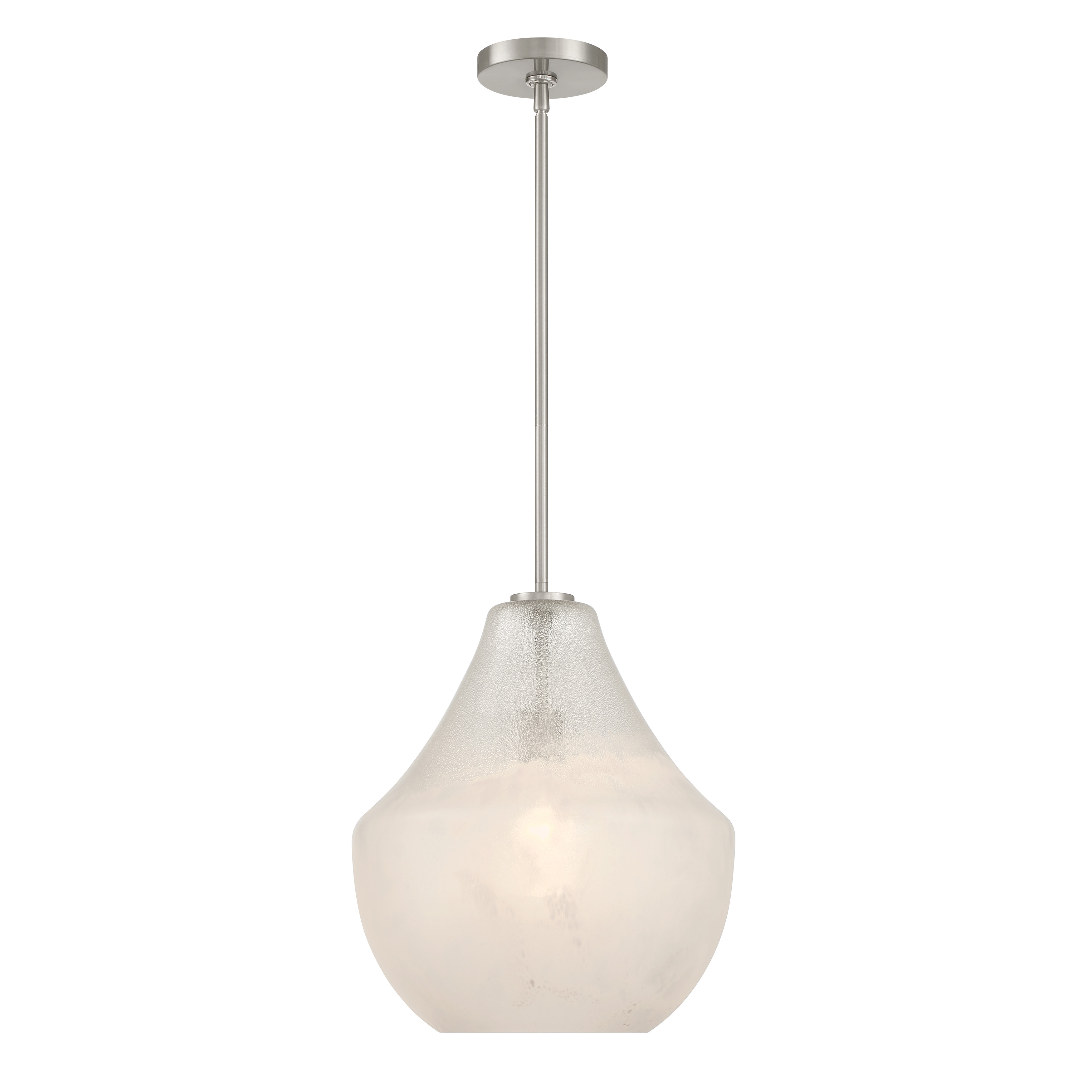 The Pacific pendant combines brushed nickel hardware with misty white glass for a versatile modern look. Its compact 14-inch diameter makes it ideal for smaller spaces or multiples over islands. Dimmable capability allows mood adjustment. - alternate view