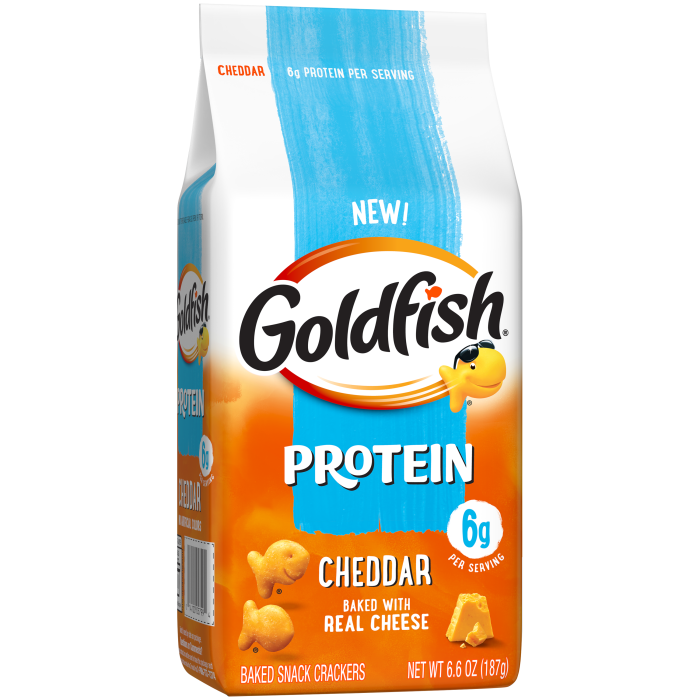 Goldfish® 6g Protein Cheddar Crackers, 6.6 oz, bag - Left Angle Image