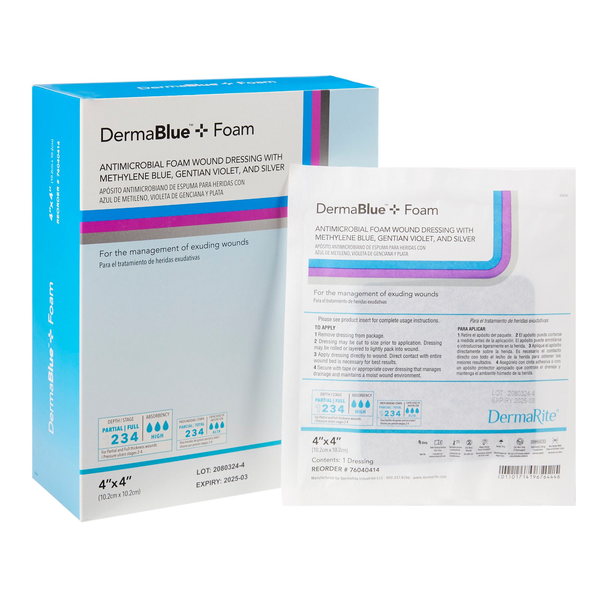 DermaBlue+™ Foam Silver Foam Dressing, 4 x 4 Inch