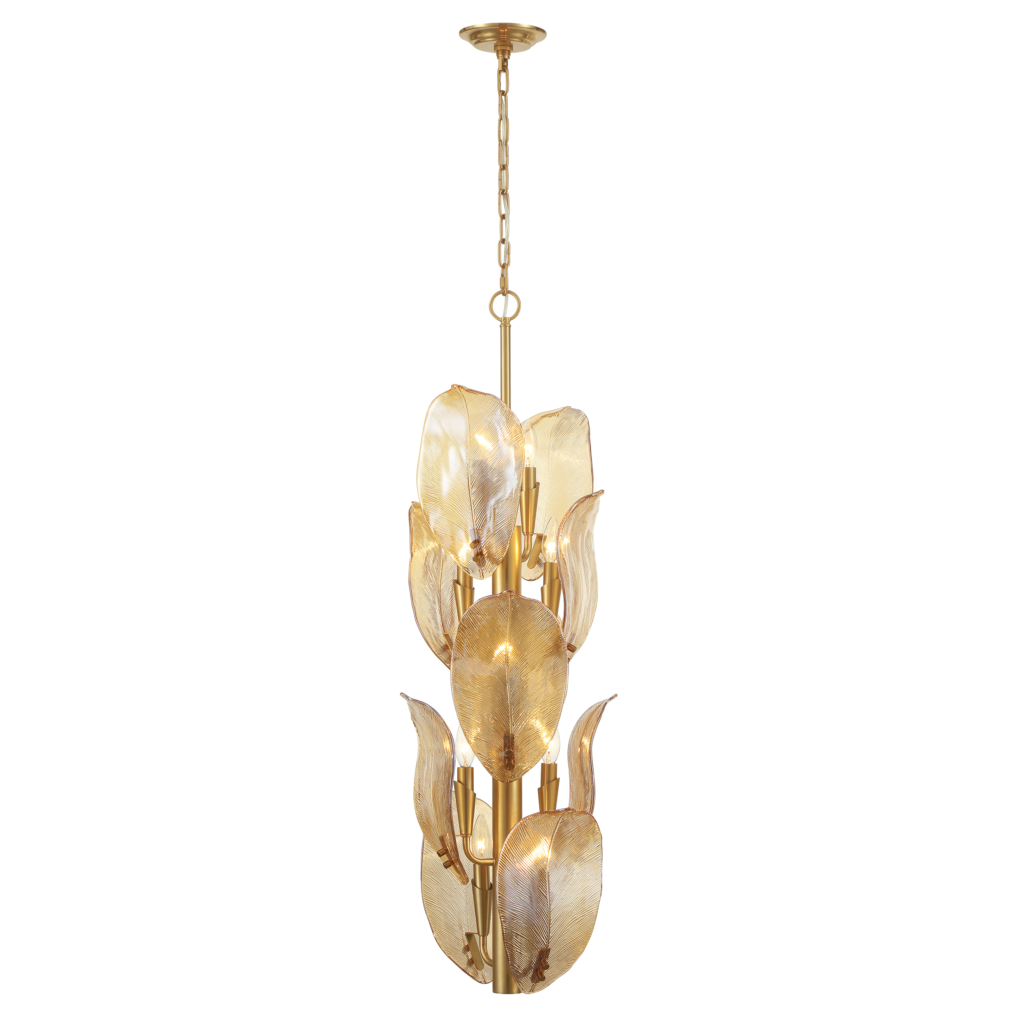 The Orchid pendant combines warm Legacy Brass finish with artisanal amber glass shades, creating a sophisticated focal point. Its 10-light configuration provides ample illumination while the handmade glass adds organic character. - alternate view