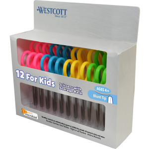 Kids Blunt 5" Scissors with Storage Rack, Anti-Microbial Protection, Assorted Colors, Set of 12