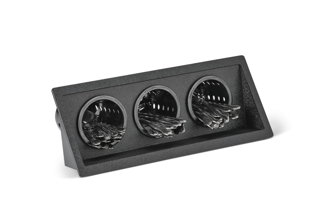Three-compartment flush-mount flatware organizer with removable black perforated cylinders
