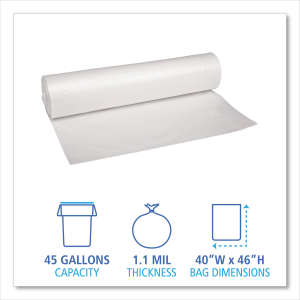Boardwalk,  LLDPE Liner, 45 gal Capacity, 40 in Wide, 46 in High, 1.1 Mils Thick, Clear