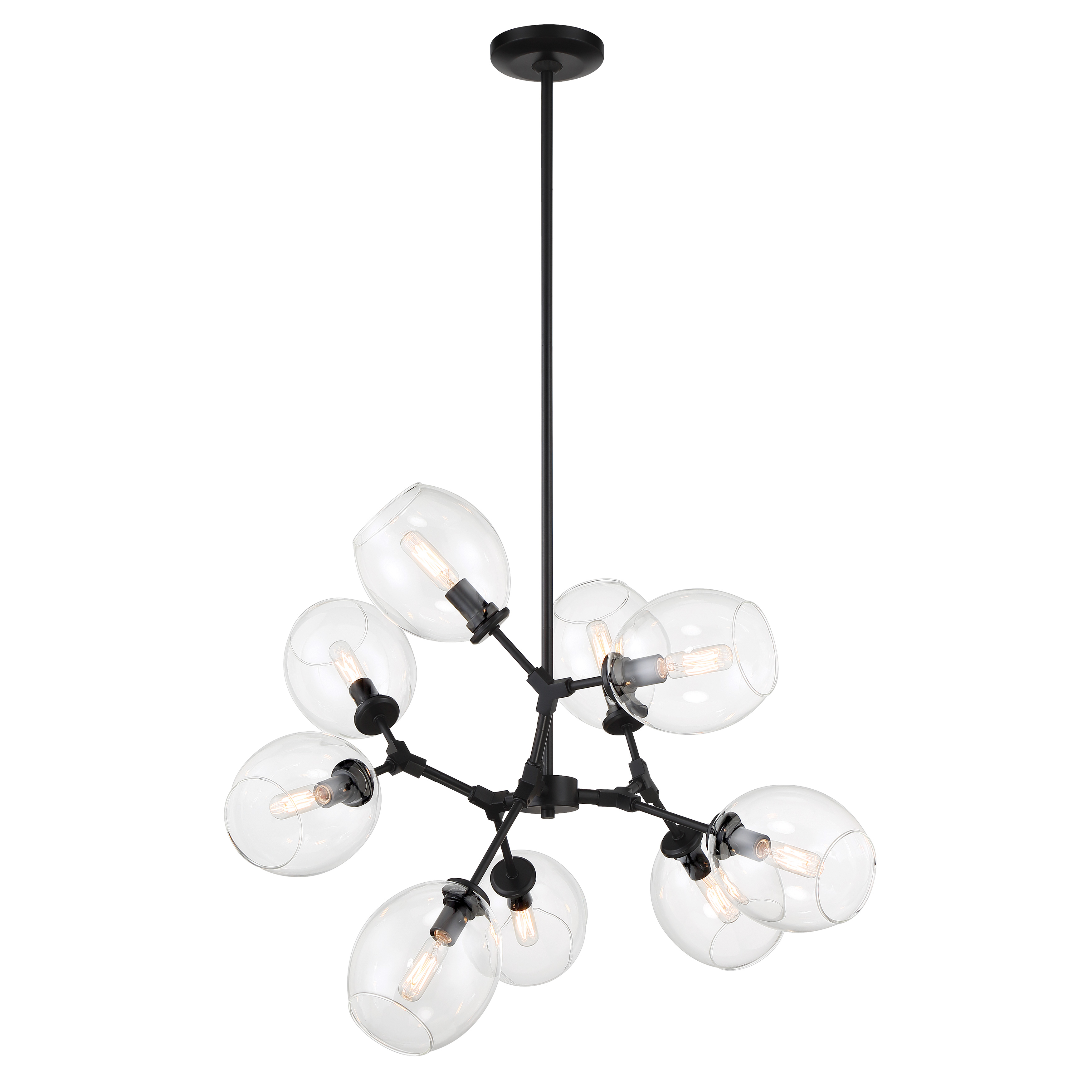The Nexpo 9-Light Chandelier combines modern minimalism with industrial charm. Its 30-inch linear design in coal black finish features nine clear glass shades, creating a striking focal point perfect for dining rooms and kitchen islands. - alternate view