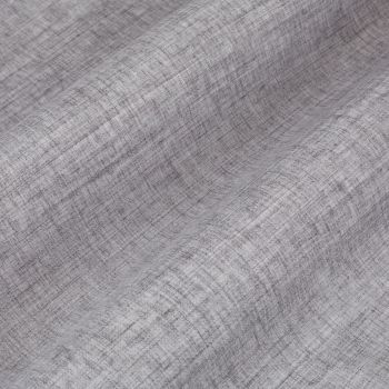 Grey textured curtain fabric, linen-like, draped in gentle vertical folds, showing a crosshatch weave; soft light highlights subtle shading and texture in a close-up studio setting.