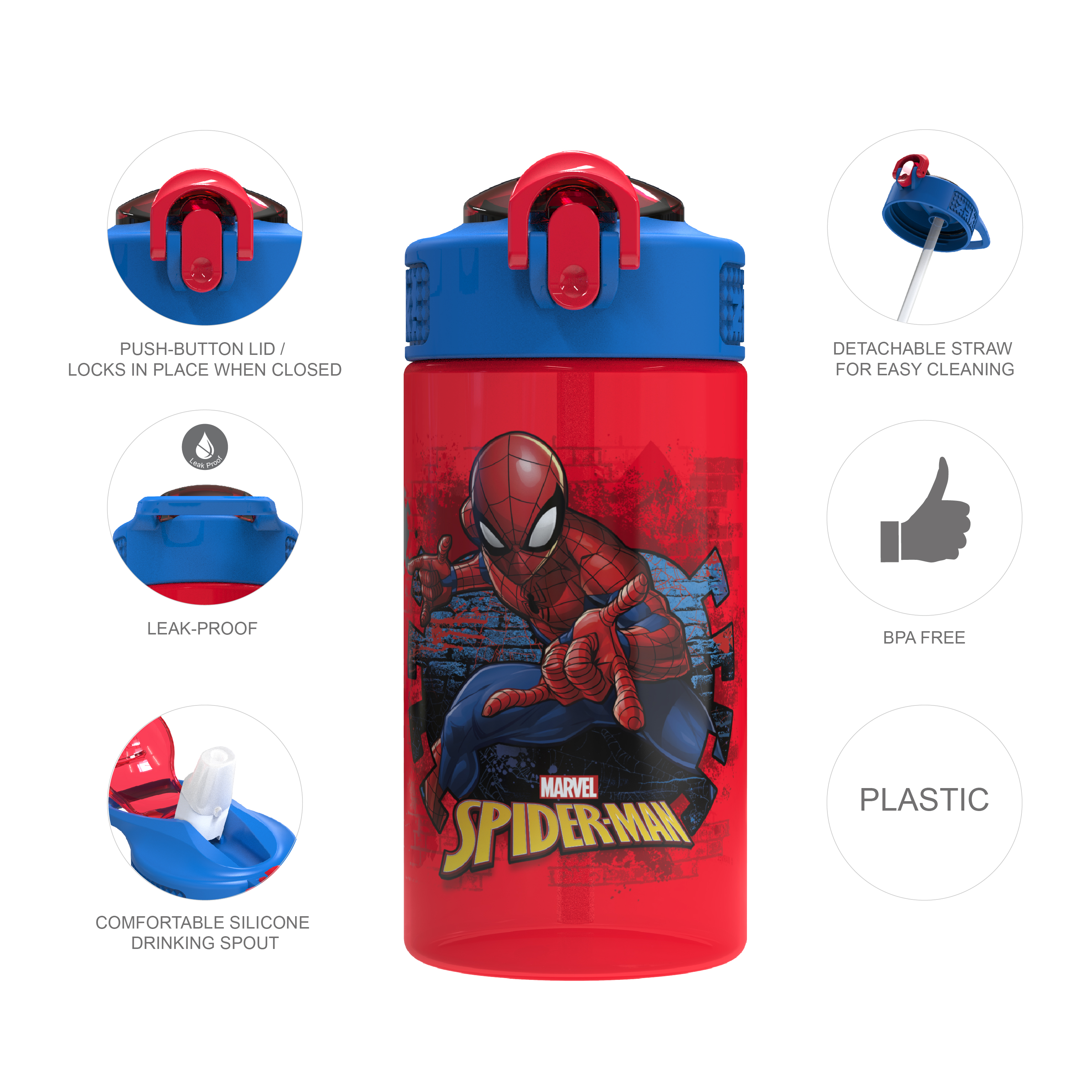 Marvel Comics 16 ounce Reusable Plastic Water Bottle with Straw, Spider-Man slideshow image 2