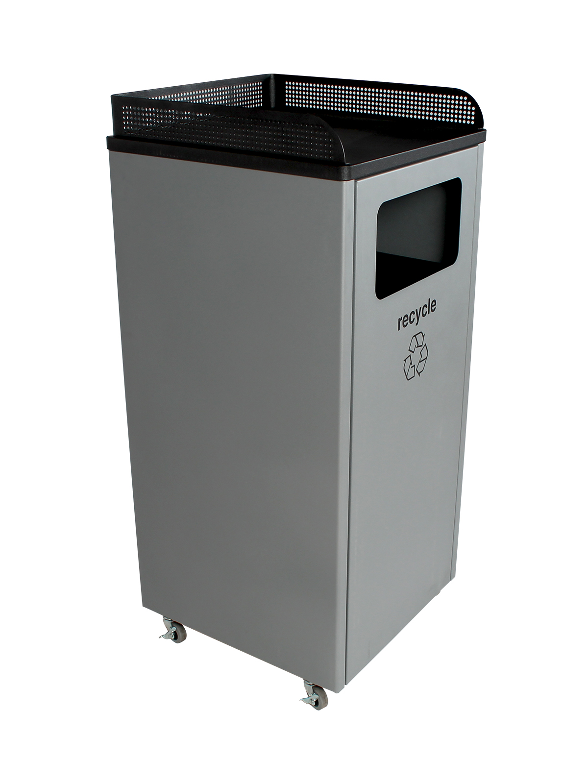 Busch Systems Courtside single stream container for recycling collection with recycle label and tray storage