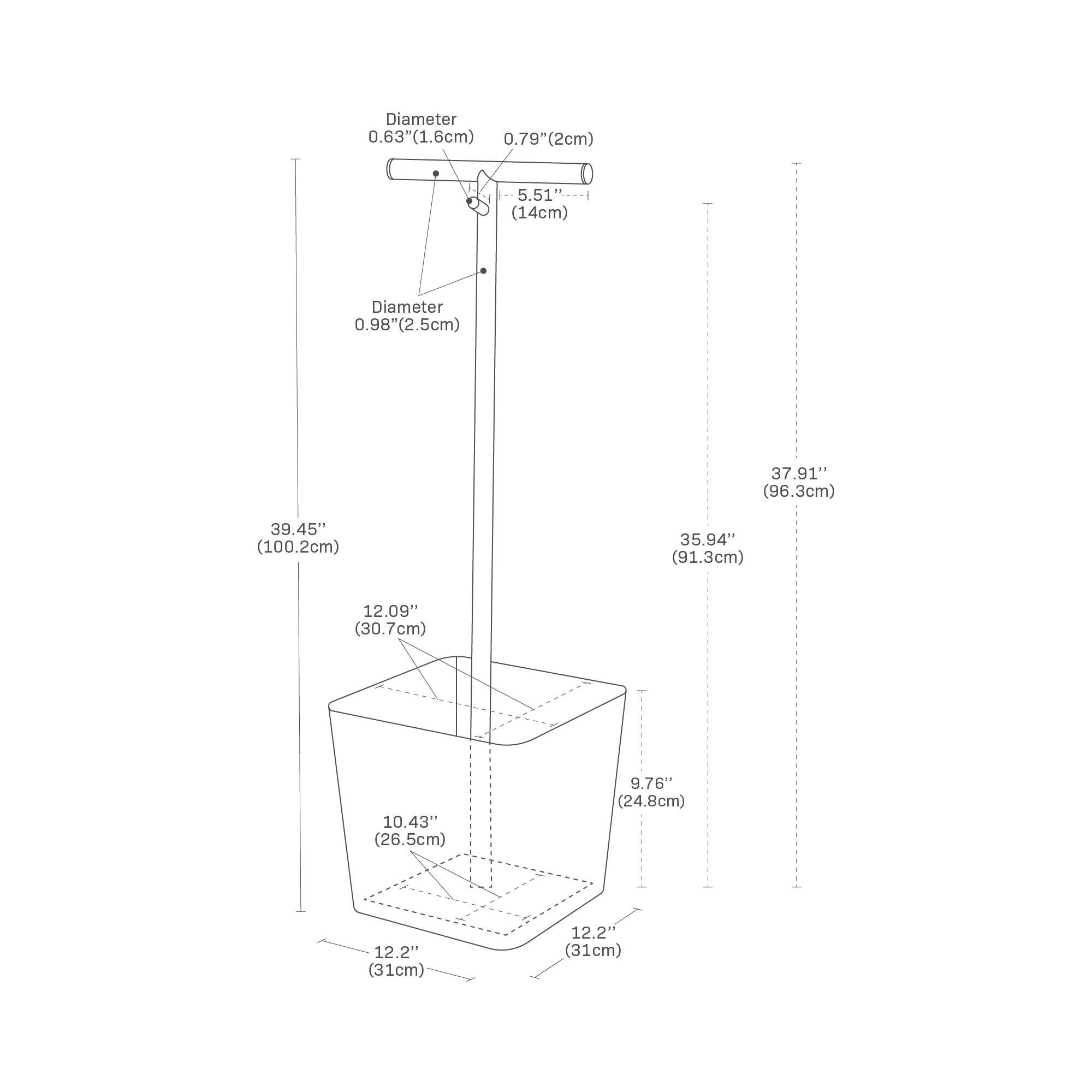 Detailed dimensions image of the backpoack stand featuring the dimensions L 12.2 x W 12.2 x H 39.45 inches.