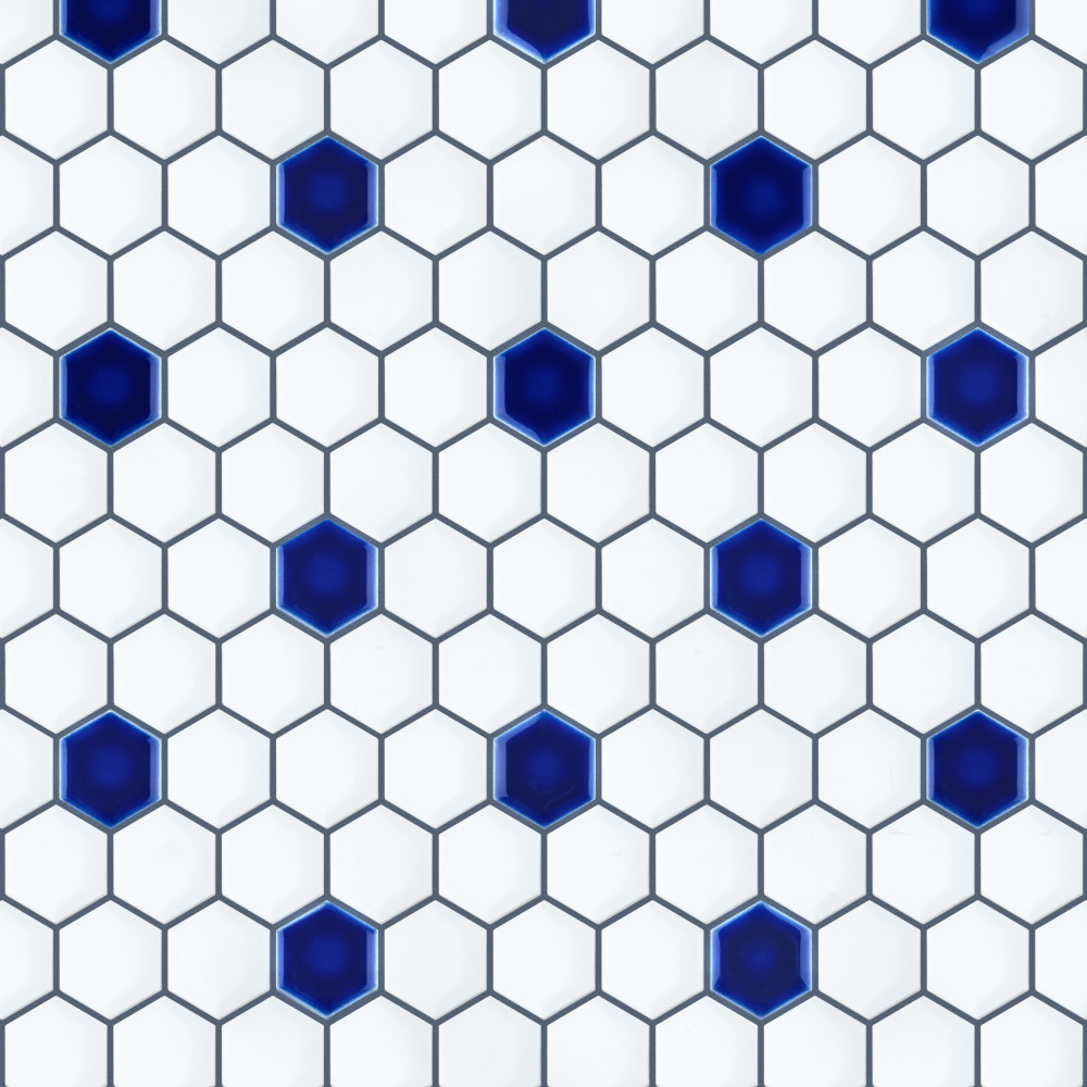 Sample – Metro Ion 1″ Hex Sapphire Dot w/Glossy White Porcelain Mosaic Tile