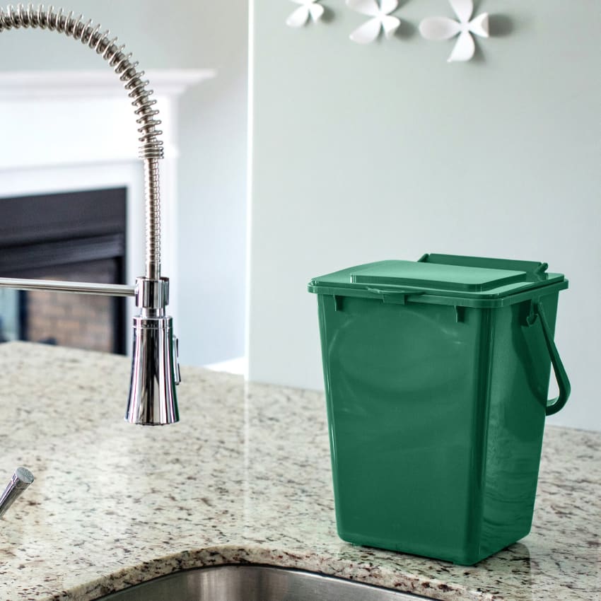 kitchen composter bin made from 100% PCR plastic sitting on the counter of an upscale home kitchen