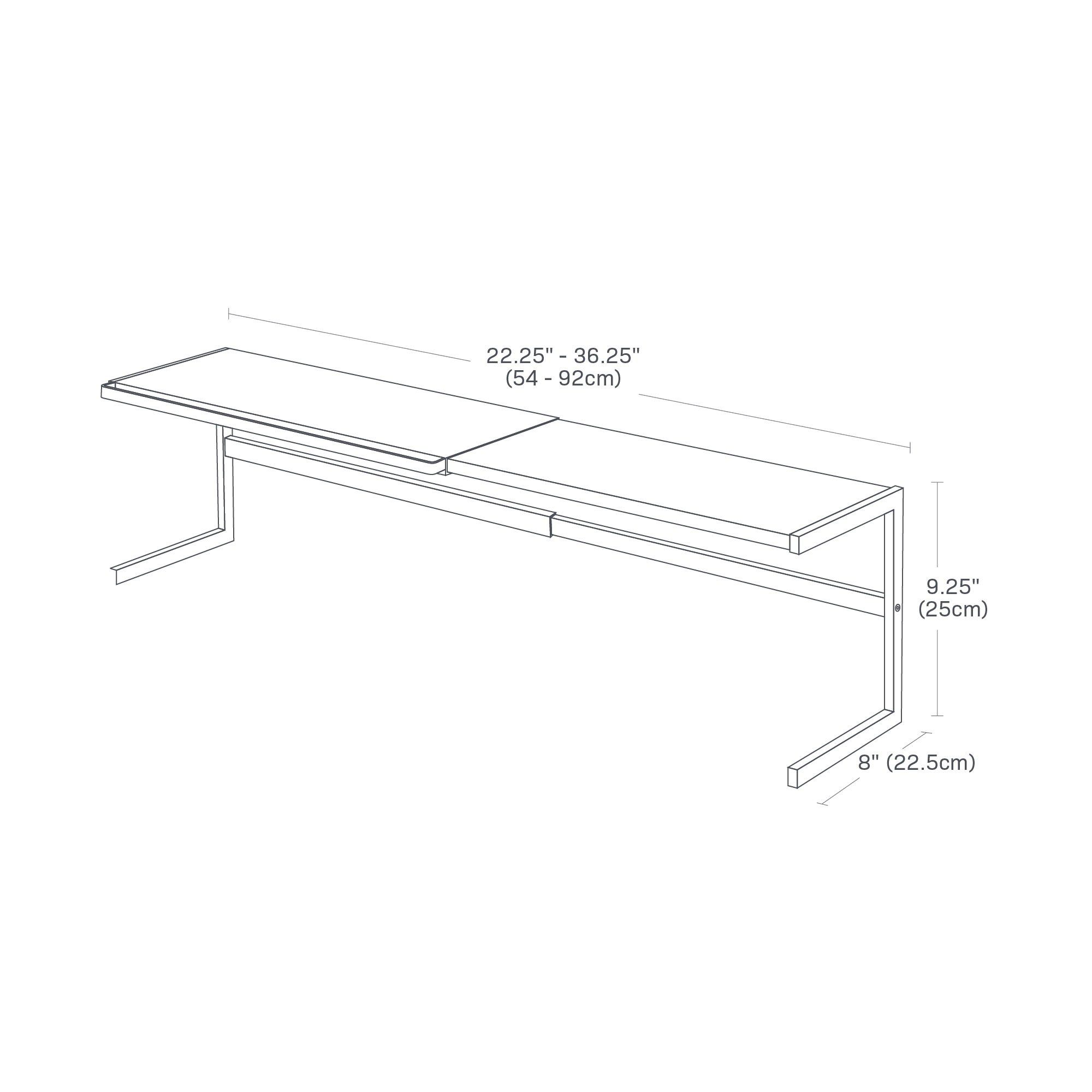 Dimension image for Countertop Shelf showing expandabble length of 22.25 inches to 36.25 inches, width of 8 inches and height of 9.25 inches