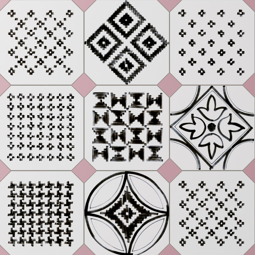 Vaudeville Octagon Deco Sombra with Taco Pink 7-7/8 in. x 7-7/8 in. Porcelain Floor and Wall Tile