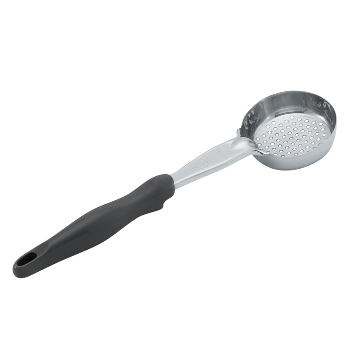 4-ounce one-piece heavy-duty stainless steel perforated round bowl Spoodle® utensil with black nylon handle