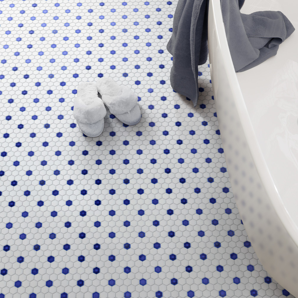 Metro Ion 1″ Hex Sapphire Dot w/Glossy White 10-1/4 in. x 11-7/8 in. Porcelain Mosaic Tile