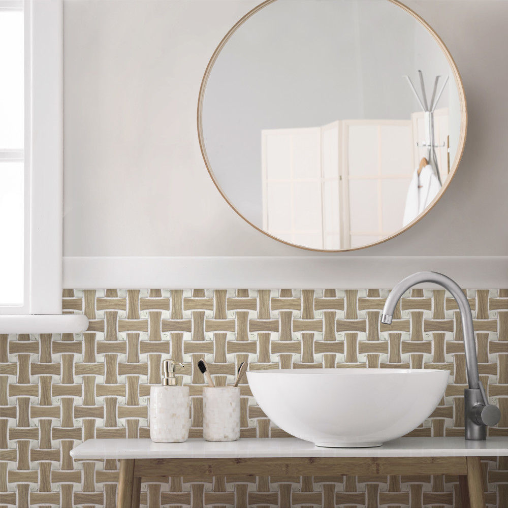Llama Dog Bone Basketweave Noce/Calacatta Dot 10 in. x 10 in. Porcelain Mosaic Tile