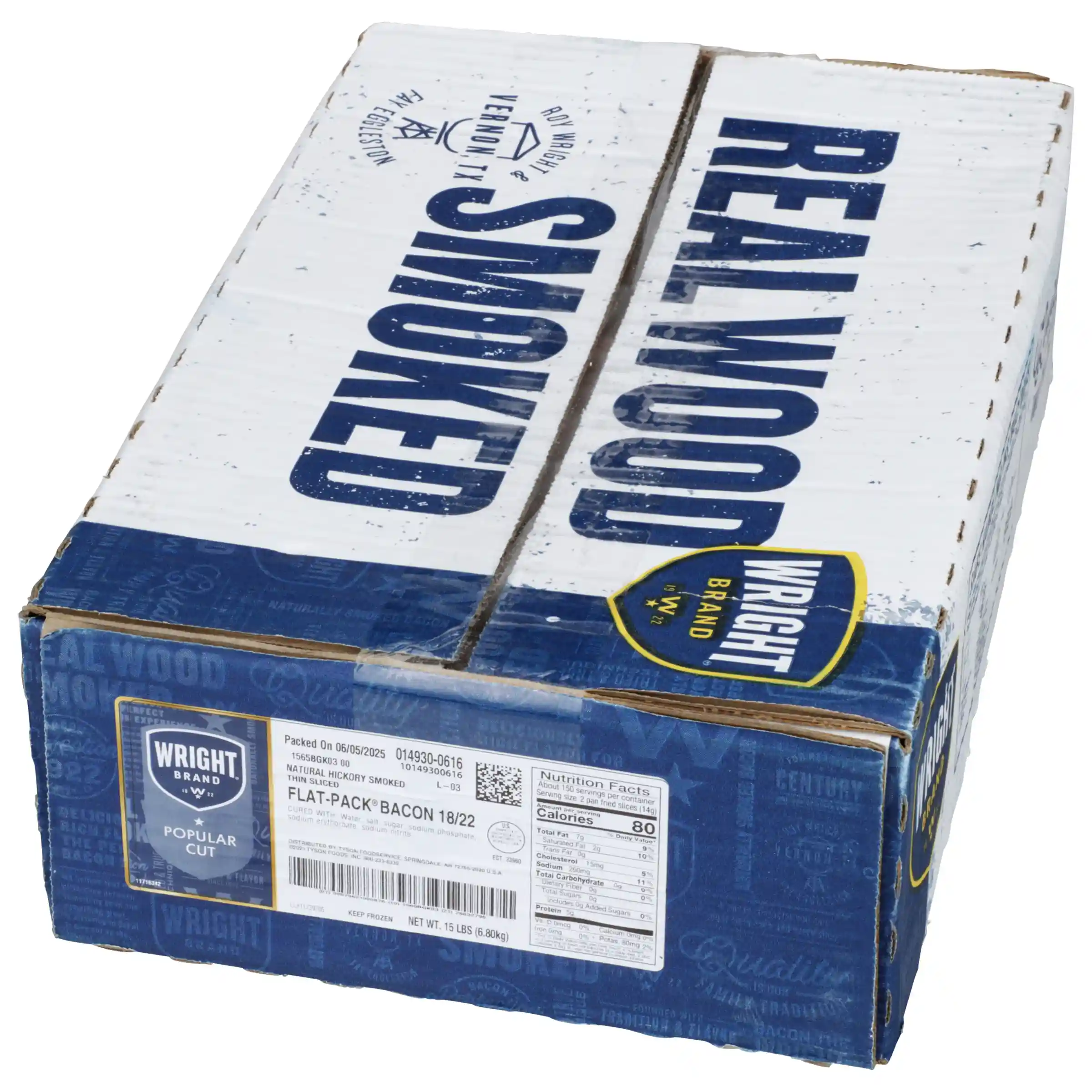 Wright® Brand Naturally Hickory Smoked Thin Sliced Flat-Pack® Bacon, 15 Lbs, 18-22 Slices per Pound, Frozen_image_5