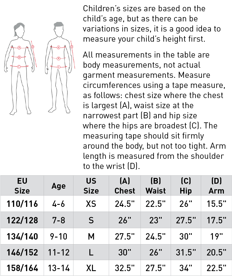 Size chart for Horze Fiora Kids Lightweight Waterproof Jacket - Dark Navy