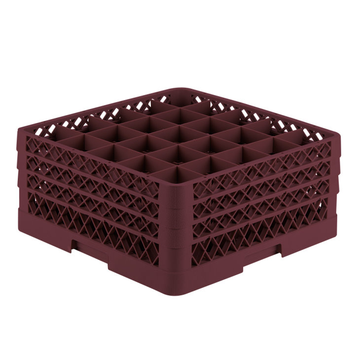 Full-size 25-compartment Traex® glass rack with three extenders in burgundy