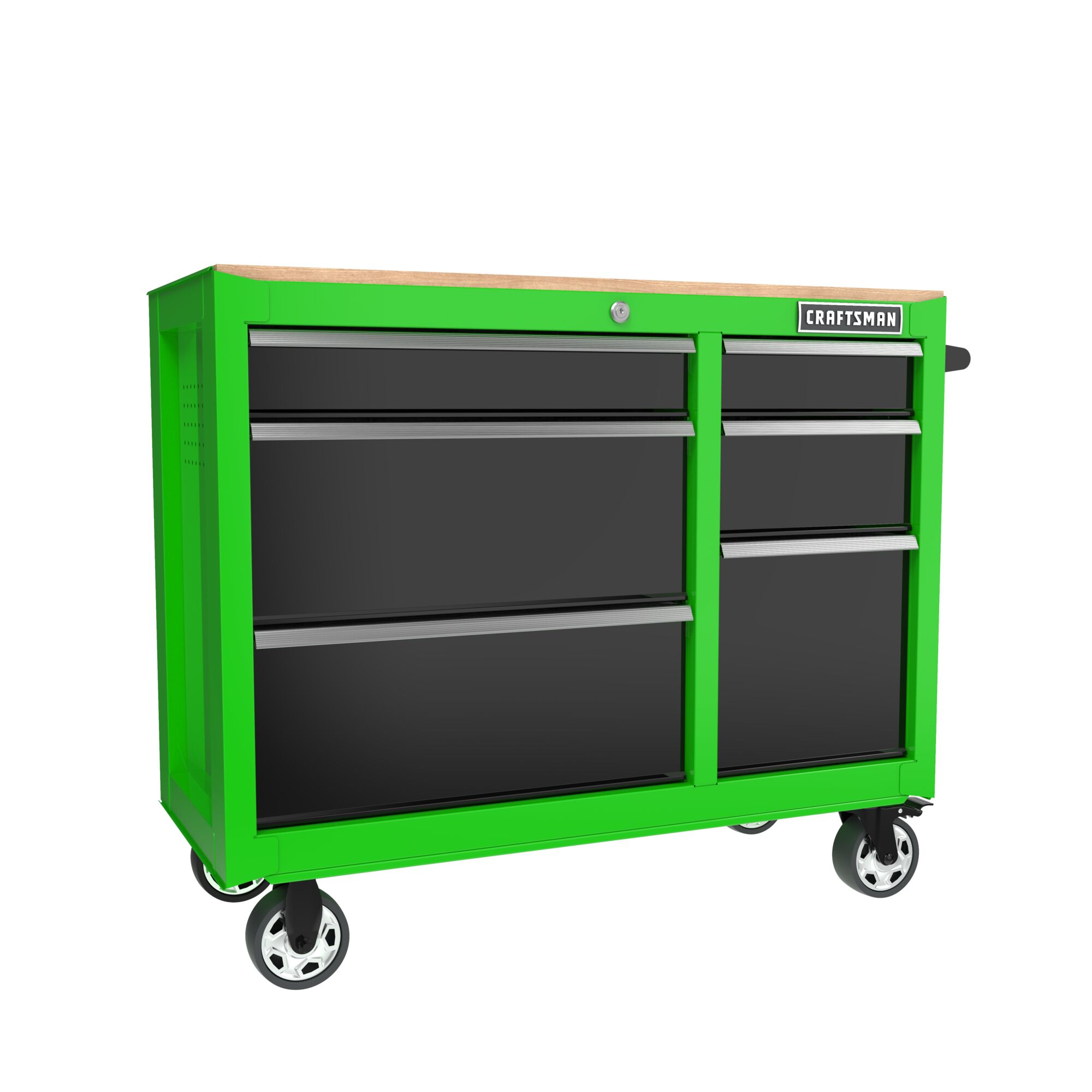 Lime green CRAFTSMAN S2000 Series 41-inch wide 6-drawer workstation with black drawers and wood top, at 3/4 turn to right