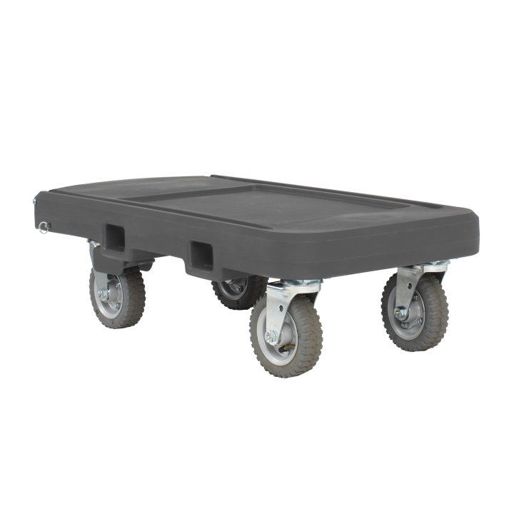 Flatbed utility dolly in dark gray with 6” pneumatic wheels and straps