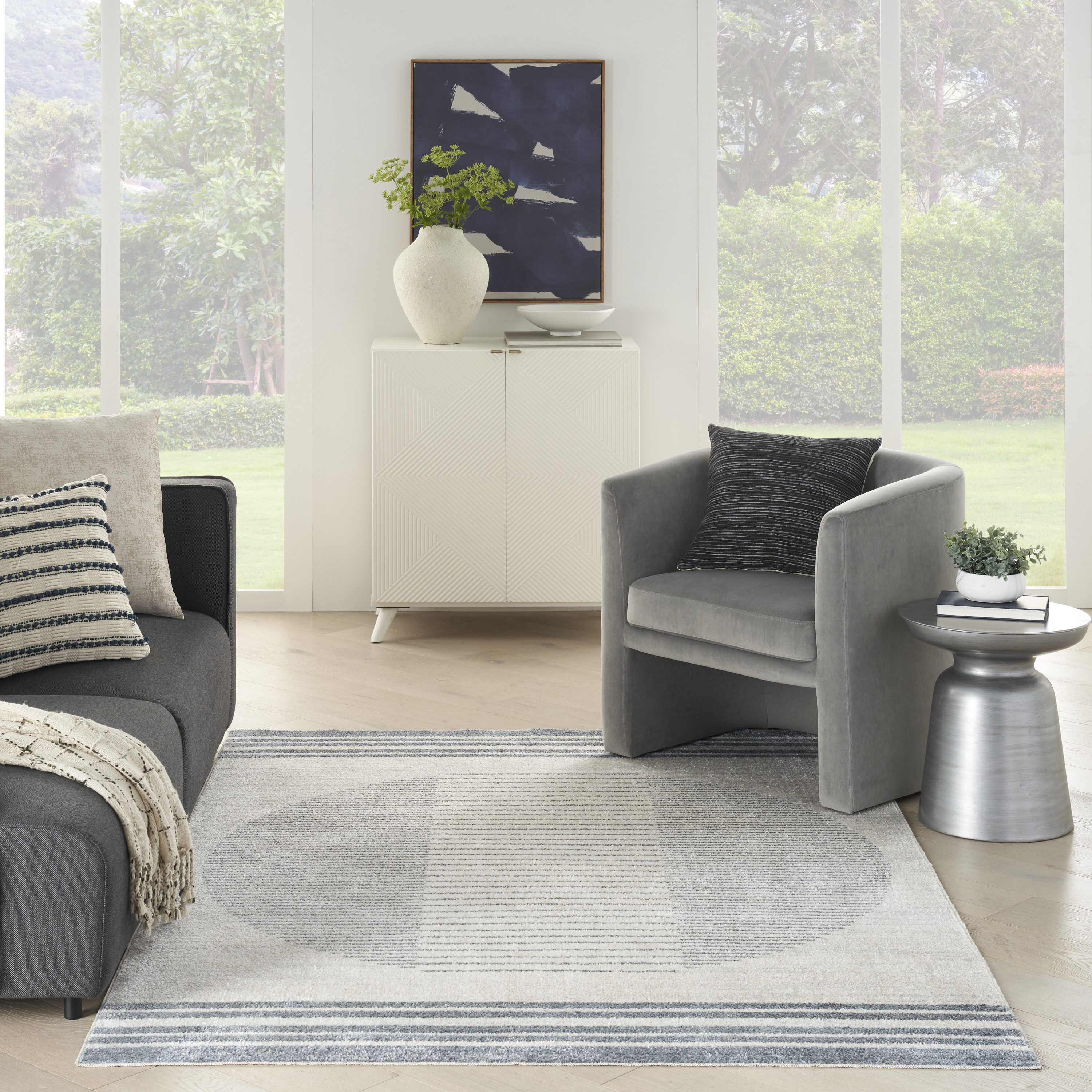Nourison Astra Machine Washable 4' x 6' Ivory Blue Mid-Century Modern Indoor Rug