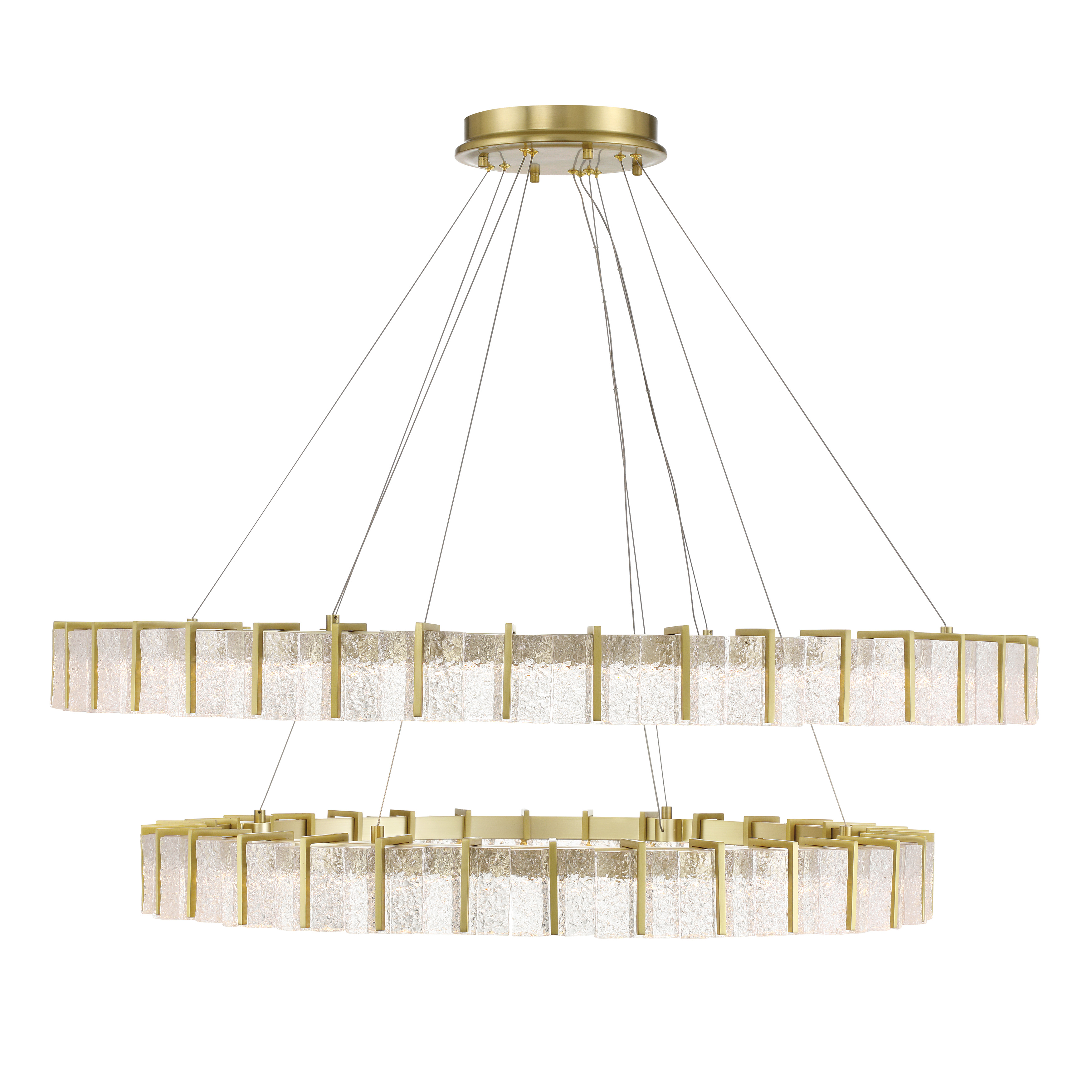 The Sevryn 44.5" LED Chandelier combines contemporary design with timeless brass warmth. Its generous linear profile and textured glass shades create sophisticated ambient lighting perfect for modern dining spaces and large kitchen islands. - alternate view