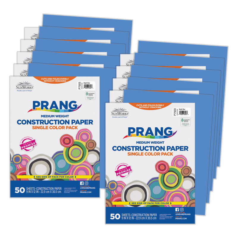 Construction Paper, Medium Weight, Bright Blue, 9" x 12", 50 Sheets Per Pack, 10 Packs