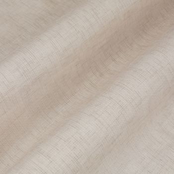 Beige, semi-sheer crosshatched curtain fabric draped in soft horizontal waves, gently filtering light; close-up view emphasizing woven texture and subtle, warm indoor lighting.