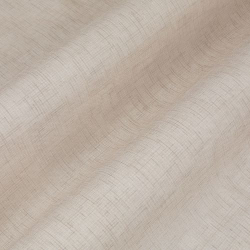 Beige, semi-sheer crosshatched curtain fabric draped in soft horizontal waves, gently filtering light; close-up view emphasizing woven texture and subtle, warm indoor lighting.