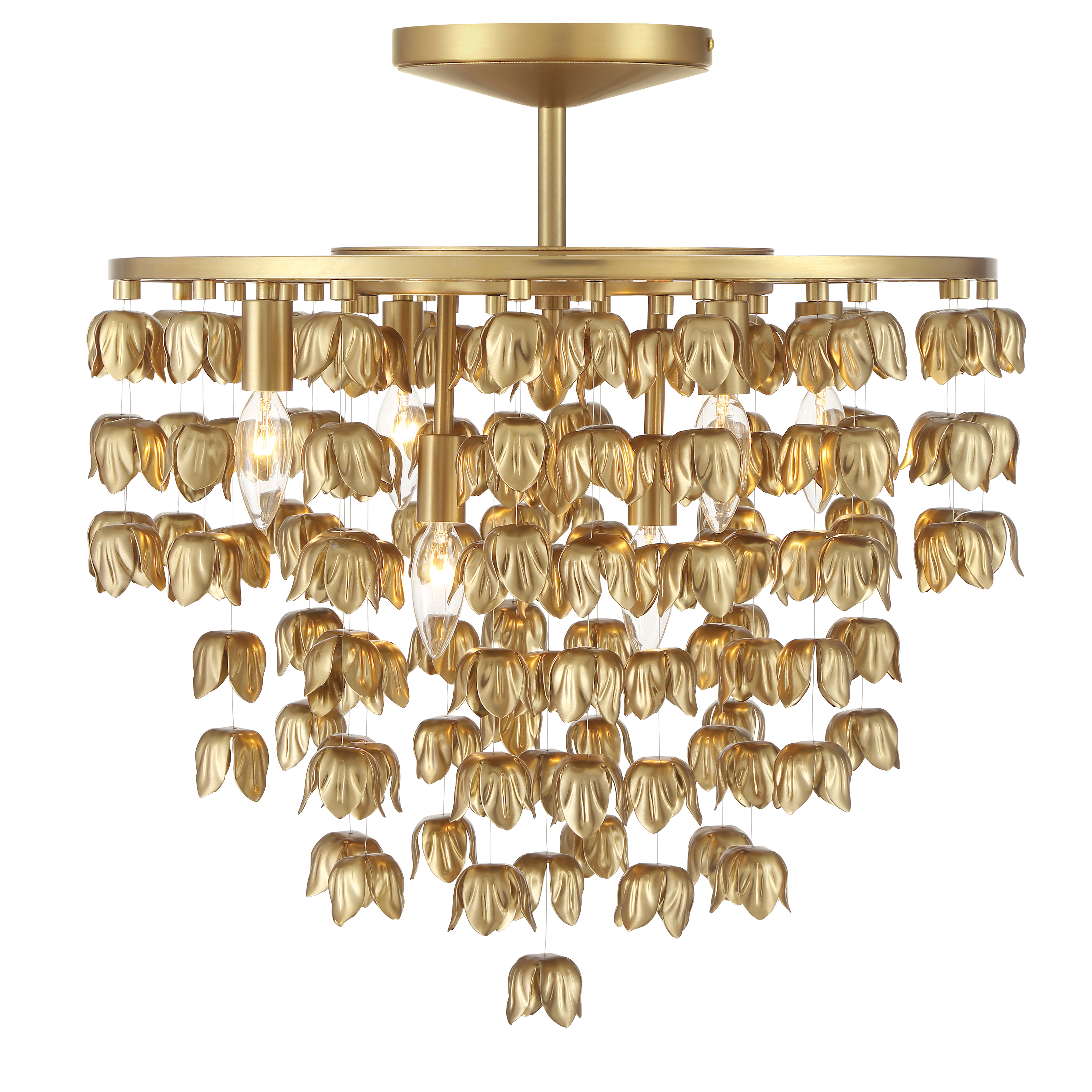 The Ashgrove semi-flush mount combines contemporary design with warm Legacy Brass finish, delivering versatile ambient lighting through 6 candelabra bulbs. Its compact 21-inch profile suits standard ceiling heights perfectly. - alternate view