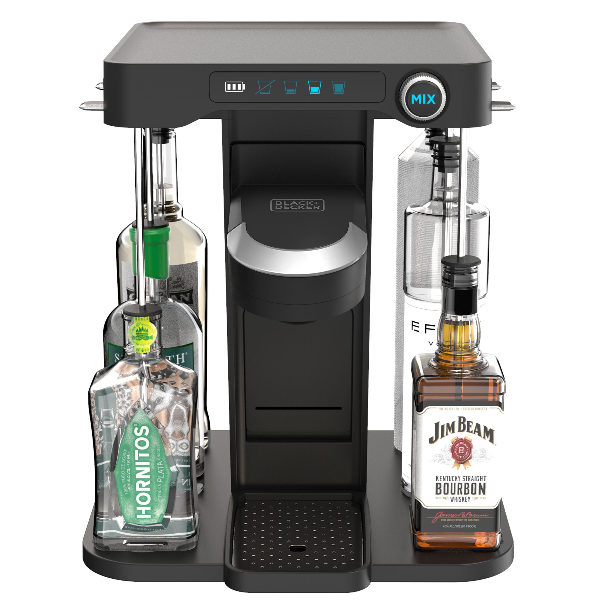 overhead front view of bev by BLACK+DECKER(TM) cordless cocktail maker wth with Jim Beam brand liquor bottles and blue LEDs illuminated underneath
