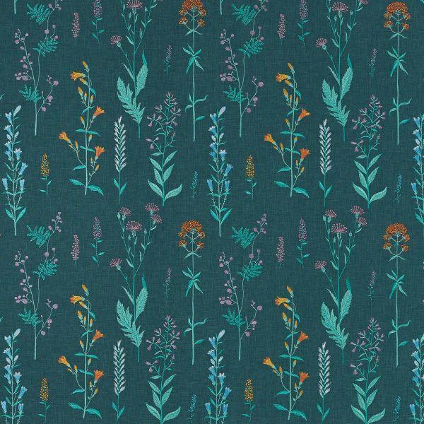 Teal fabric patterned with slender wildflower stems in turquoise, orange, and lavender, arranged in vertical repeats, creating a delicate botanical motif on a textured dark teal/blue-green textile background.