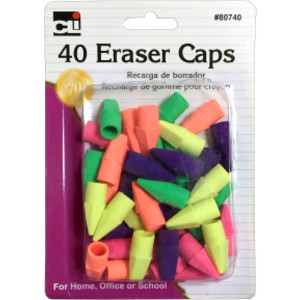 Pencil Eraser, Caps, Assorted Colors, Pack of 40