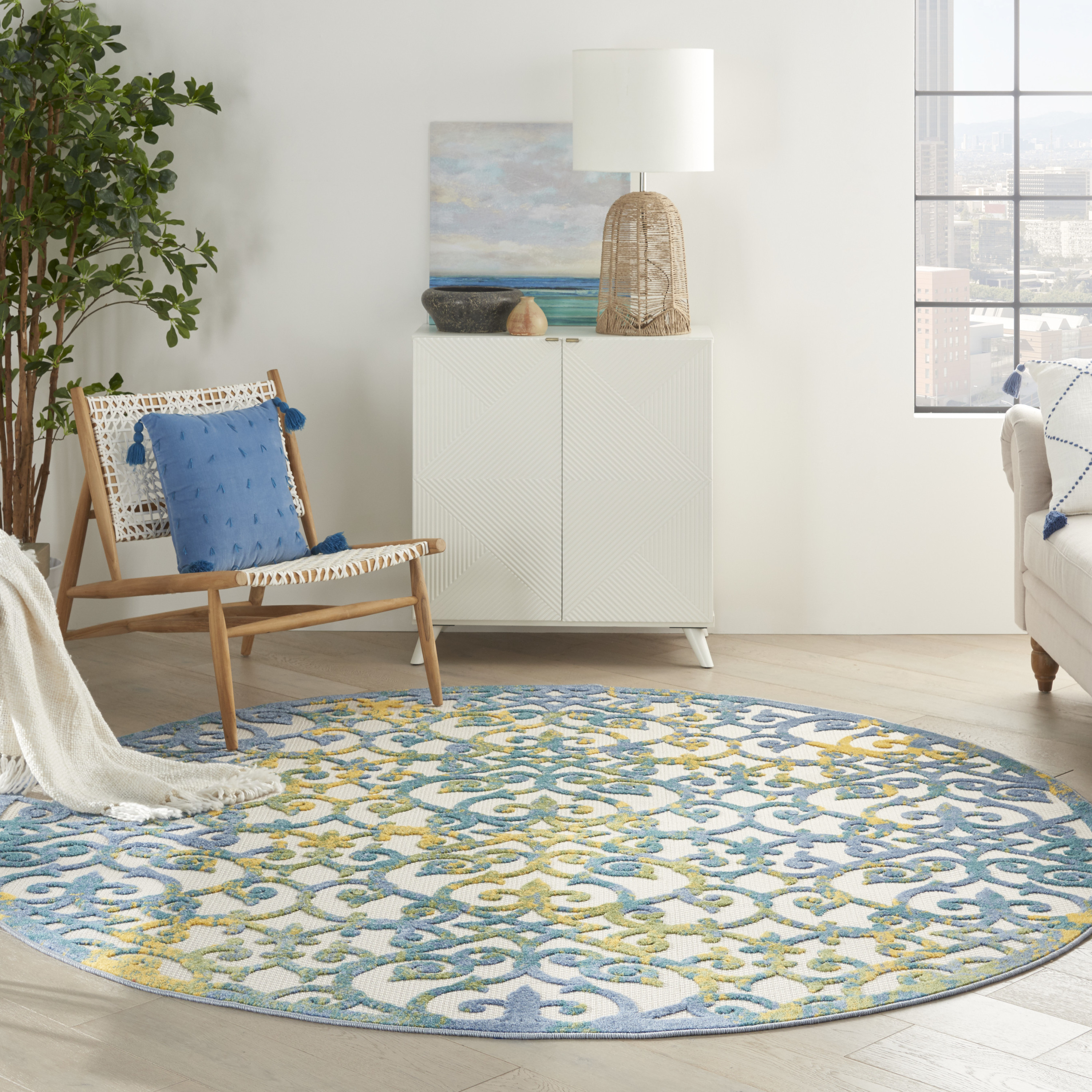 Nourison Aloha 7'10" x Round Ivory Blue Contemporary Rug