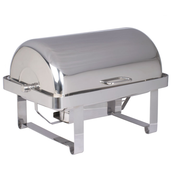 Avenger™ economy rectangle rolltop chafer in mirror finish with 9-quart full-size food pan and water pan