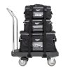 Flatbed utility dolly in dark gray with 6” pneumatic wheels, straps and chrome-plated handle