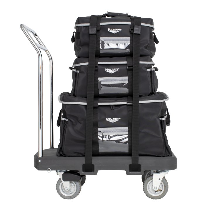 Flatbed utility dolly in dark gray with 6” pneumatic wheels, straps and chrome-plated handle