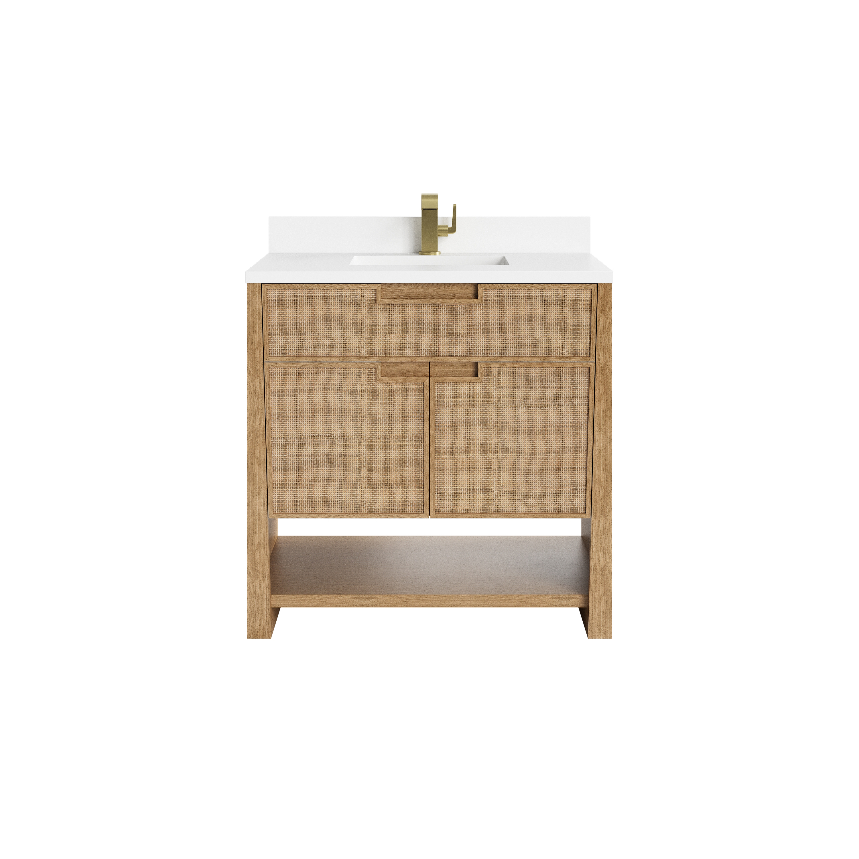 Solene 36" Single Vanity, Seaside Oak, w/ Single Hole 3 CM White Zeus Quartz Top & Backsplash