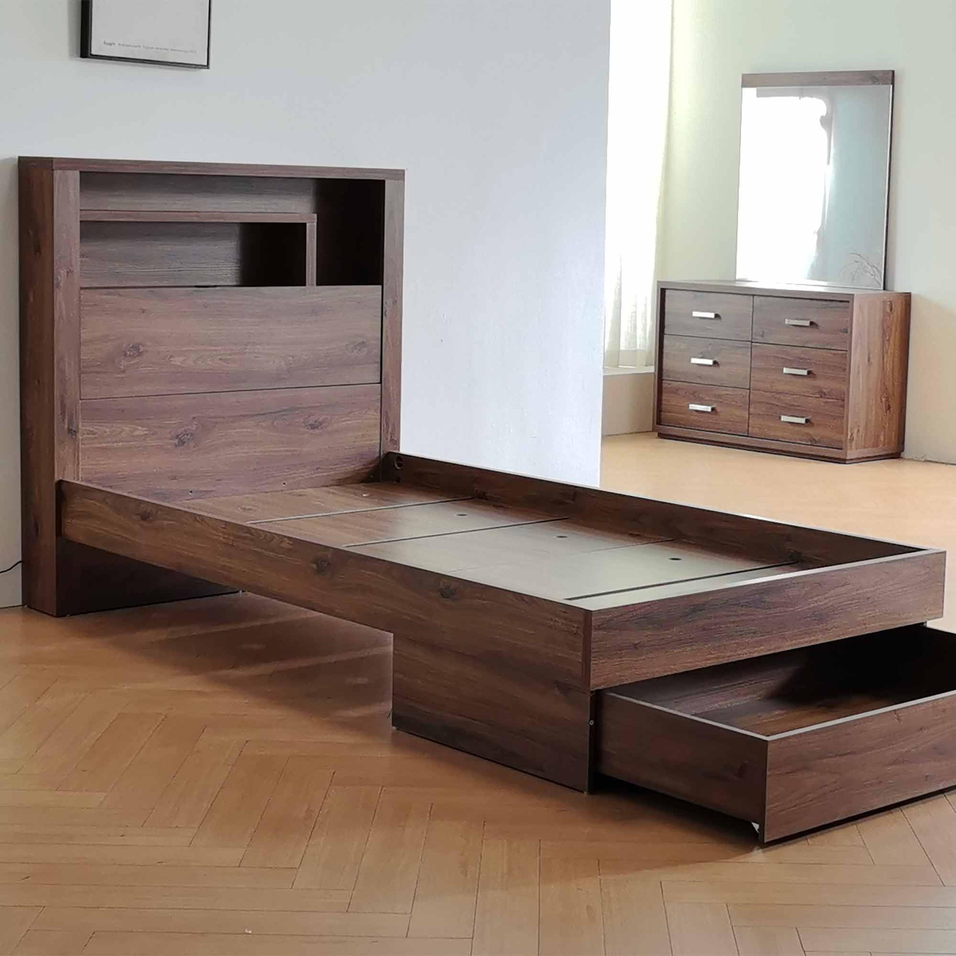 Lifestyle image of the  Bellevue Bed Frame, Drawer Base, Rustic Walnut from Forty Winks