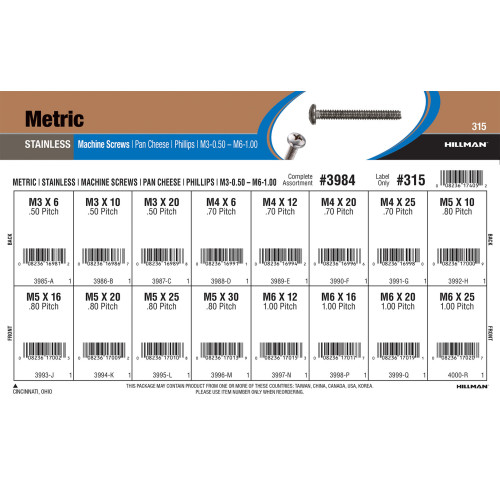 Stainless Steel Phillips Pan Cheese Metric Machine Screws Assortment (M3-0.50 thru M6-1.00)