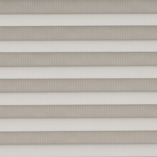Horizontal pleated cellular shades fully lowered across the window, their alternating light-and-dark bands filtering soft daylight, filling a neutral-toned interior with diffused, even illumination.