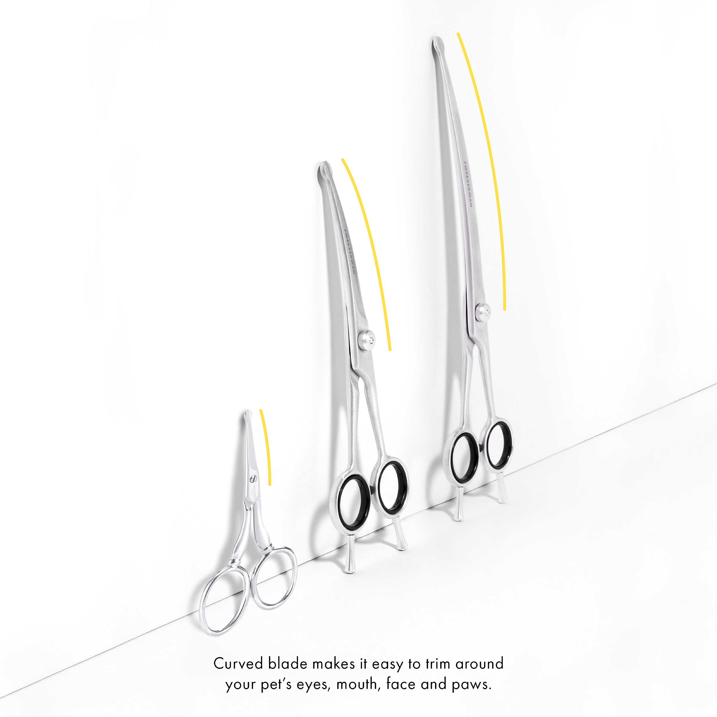 Curved stainless steel blades make it easy to trim around your pets eyes, mouth and face and paws