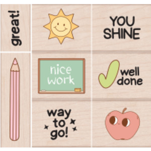 Woodblock Reward Stamps, Positive Messages & Icons, 8 Piece Set