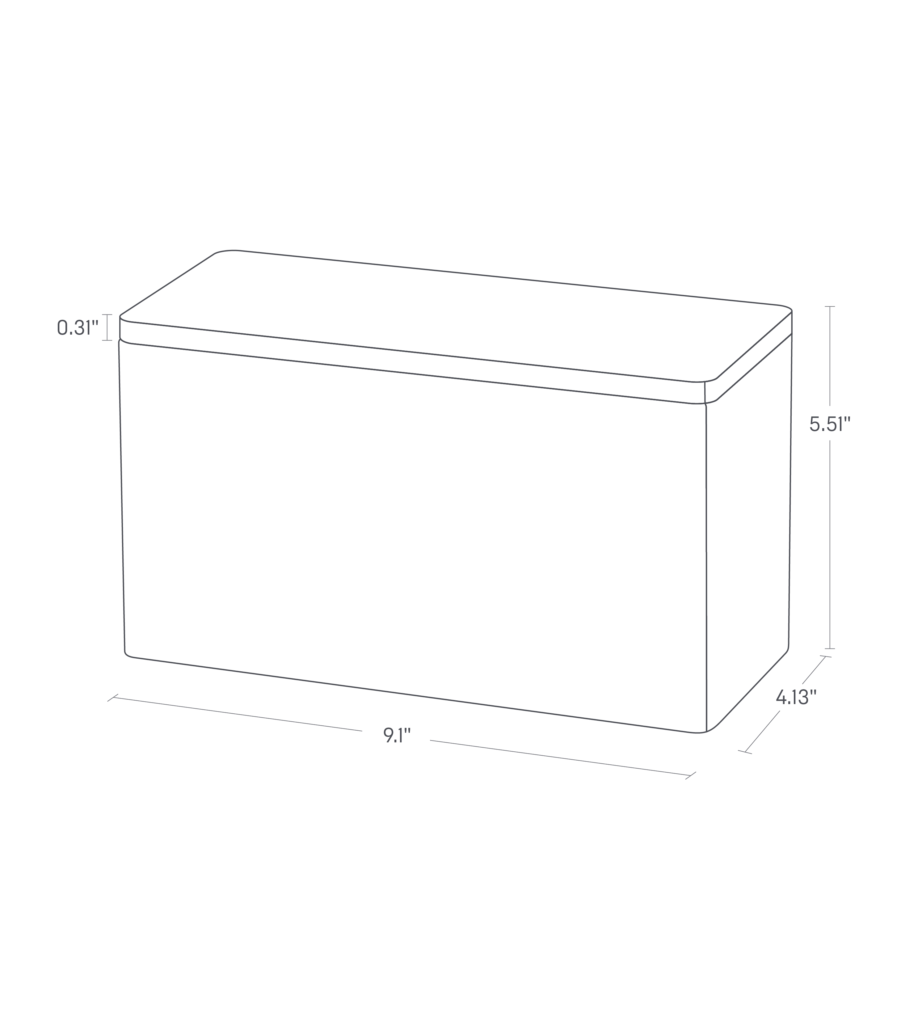 Dimension image for Countertop Organizeron a white background showinglength of 9.1", width of 4.13", height of 5.51". The lid has a thickness of 0.31".