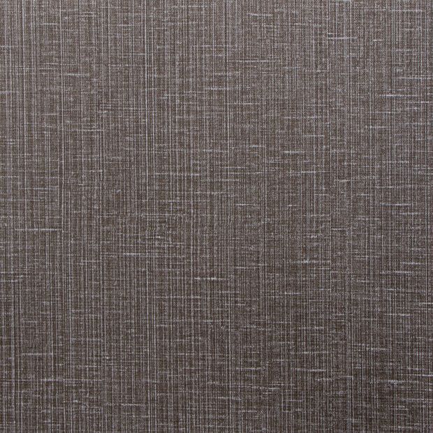 Brown-gray linen-textured wallpaper or upholstery fabric covering a surface, showing fine crosshatched weave and subtle horizontal threads; close-up, evenly lit, neutral interior context.
