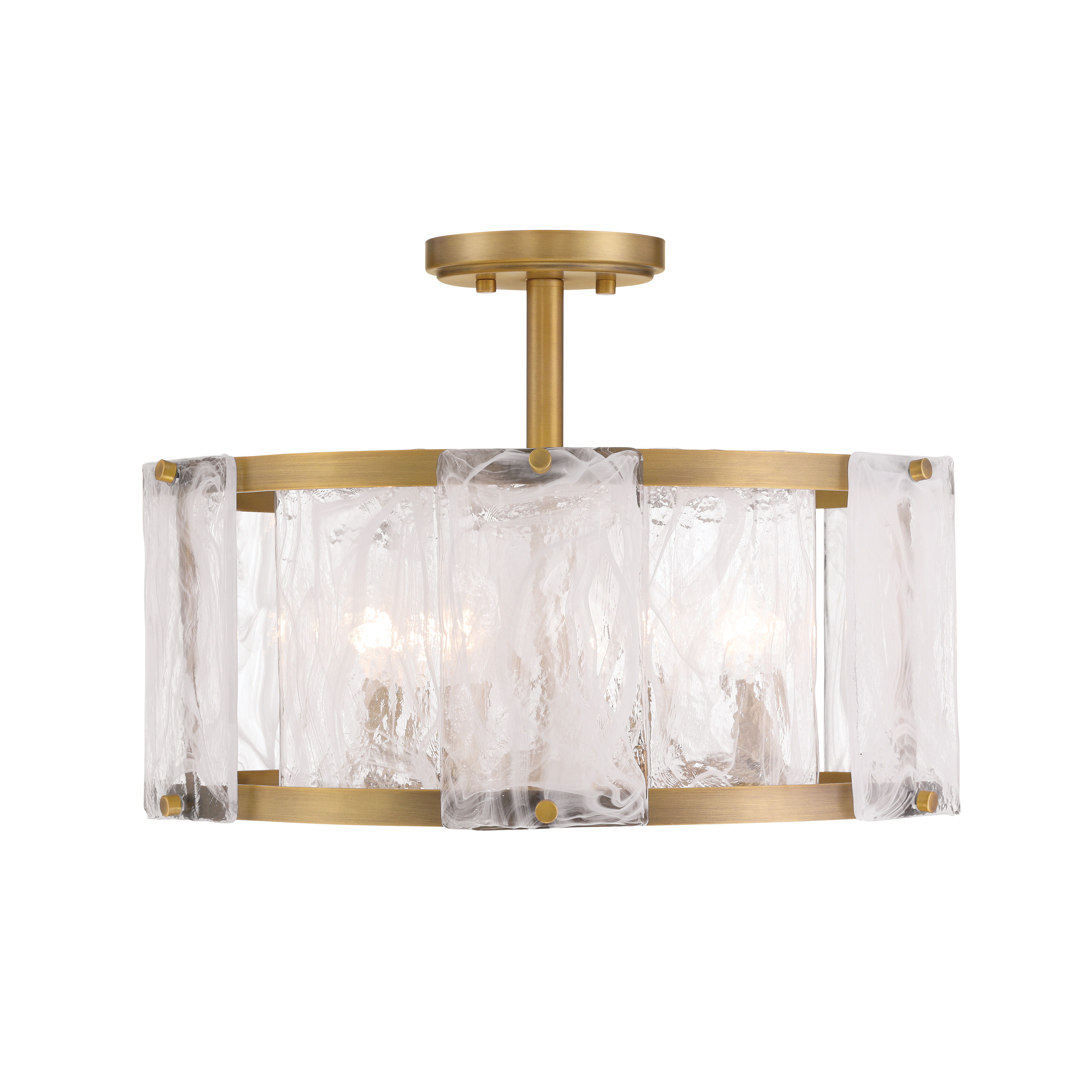 The Veil semi-flush combines classic brass warmth with contemporary white swirl glass. Its 18-inch profile fits smaller spaces beautifully while providing ample 4-bulb illumination. Perfect for low ceilings. - alternate view