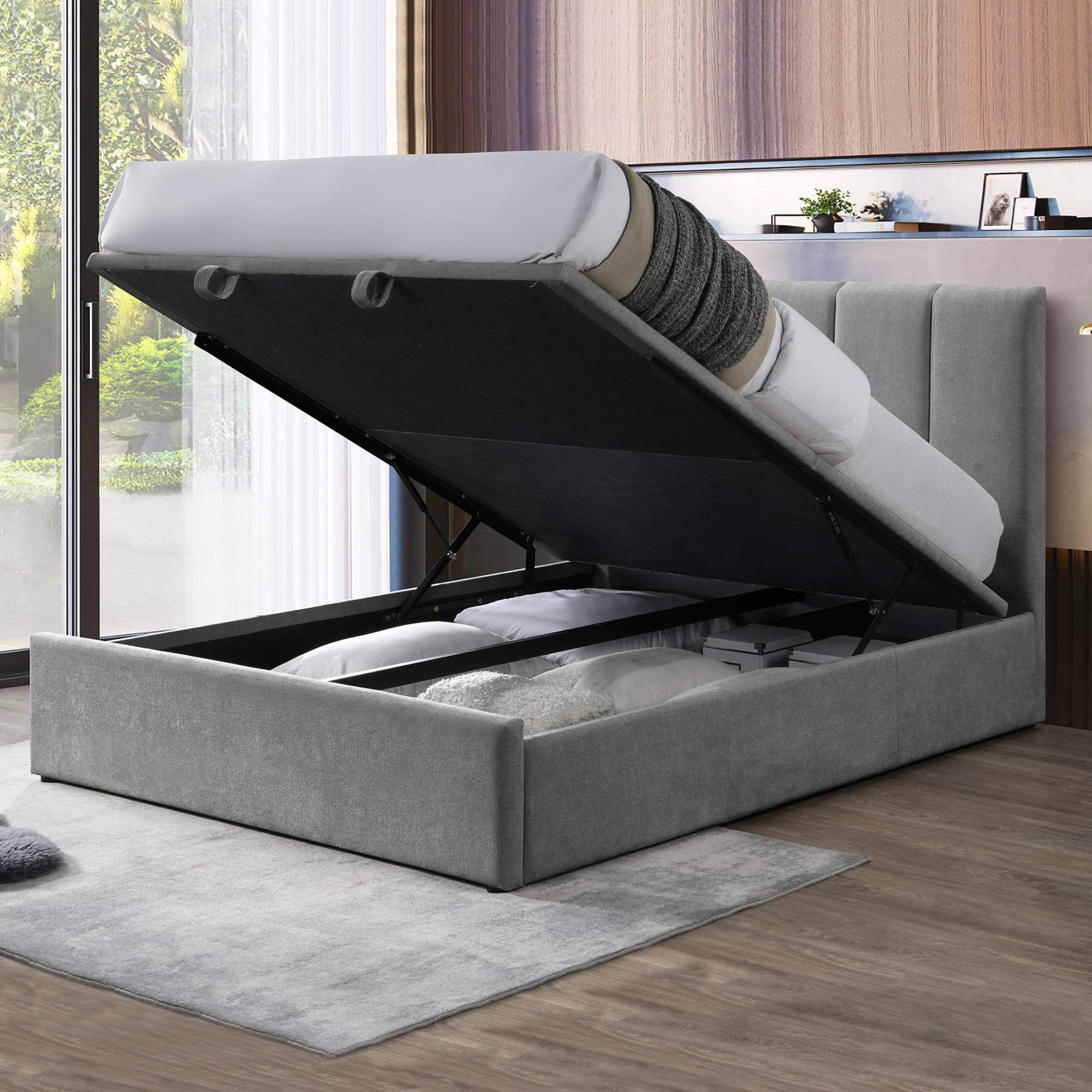 Lifestyle image of the  Harlow Bed Frame, Gas Lift Base, Dark Grey from Forty Winks