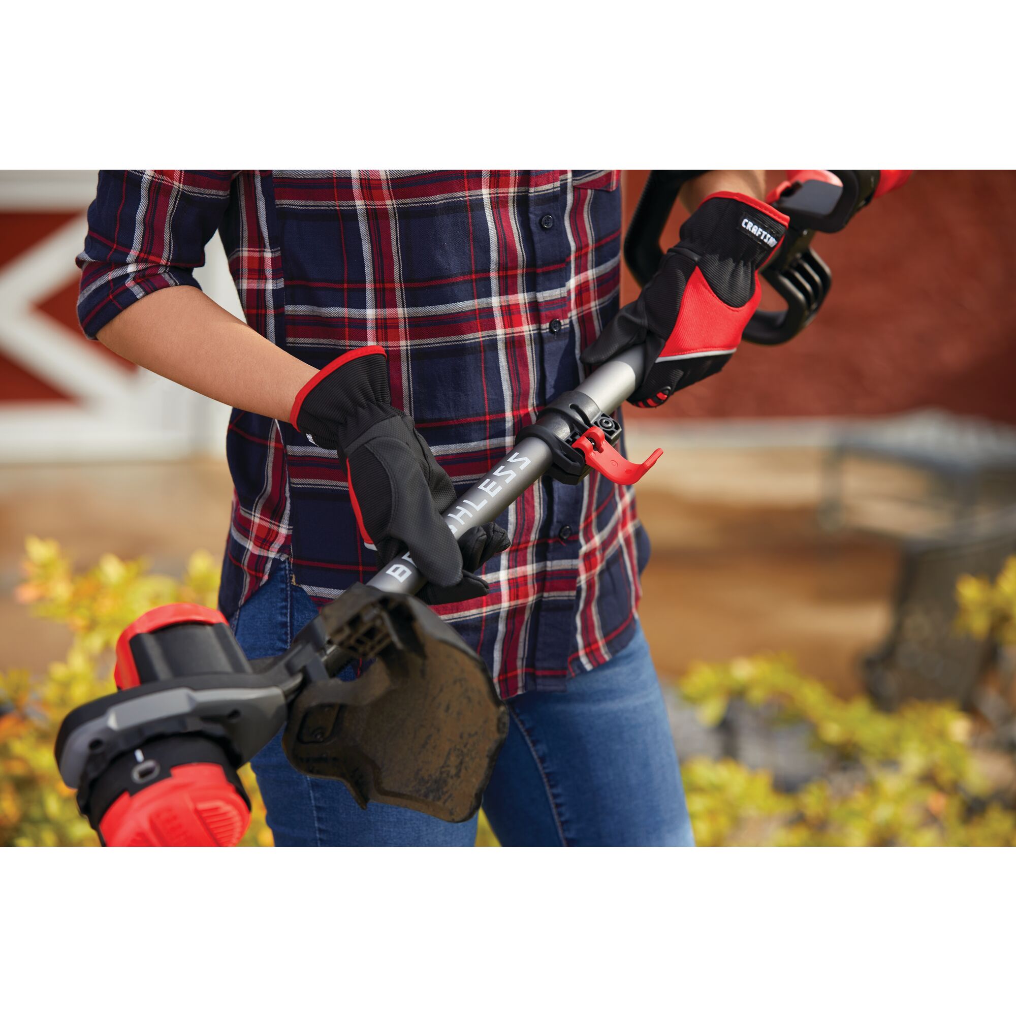 Adjustable pole feature of 20 volt weedwacker 13 inch brushless cordless string trimmer with quickwind 4.0 ampere per hour.