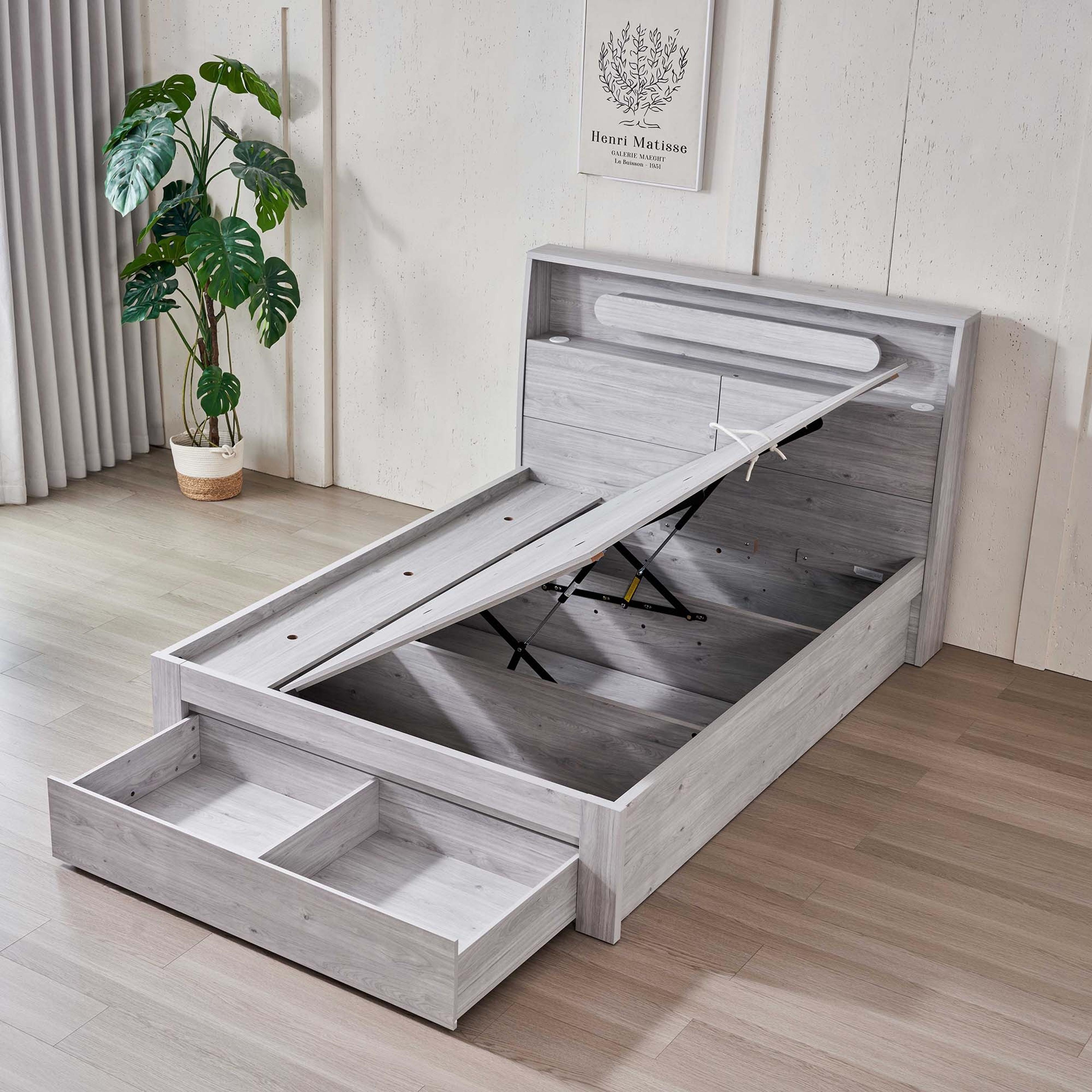 Product image of the  Nova Bed Frame, Side Board Lift & End Drawer Base, Stone Oak from Forty Winks