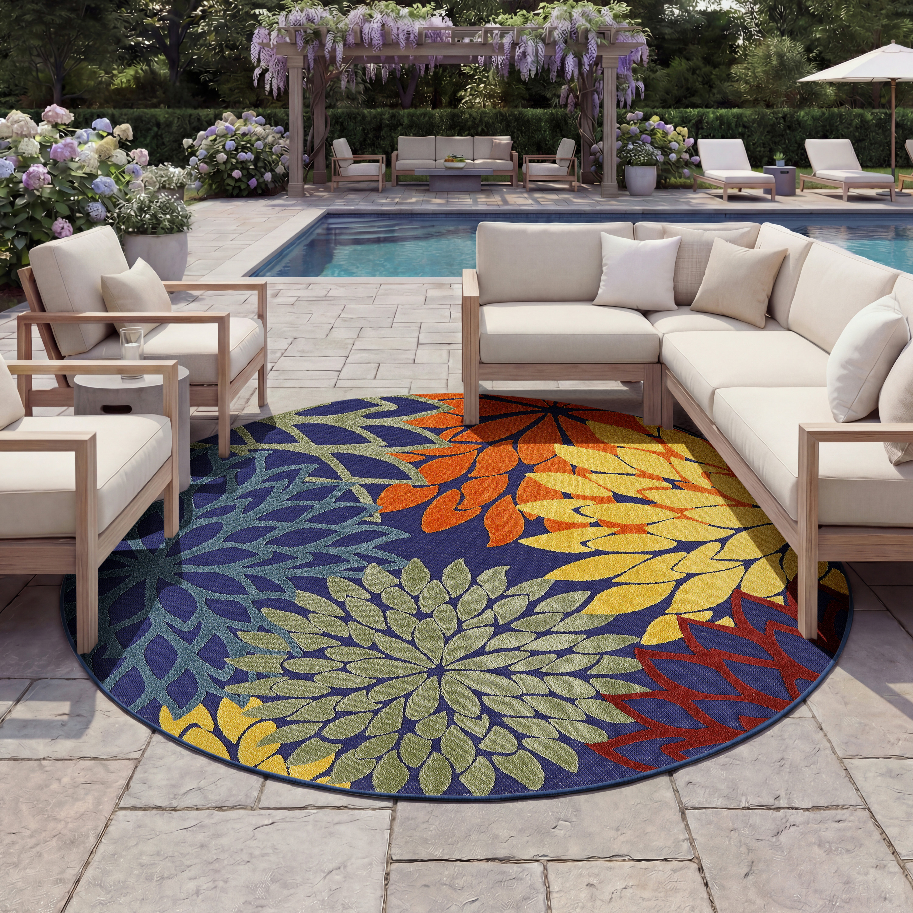 Nourison Aloha 7'10" x Round Navy Multicolor Outdoor Rug
